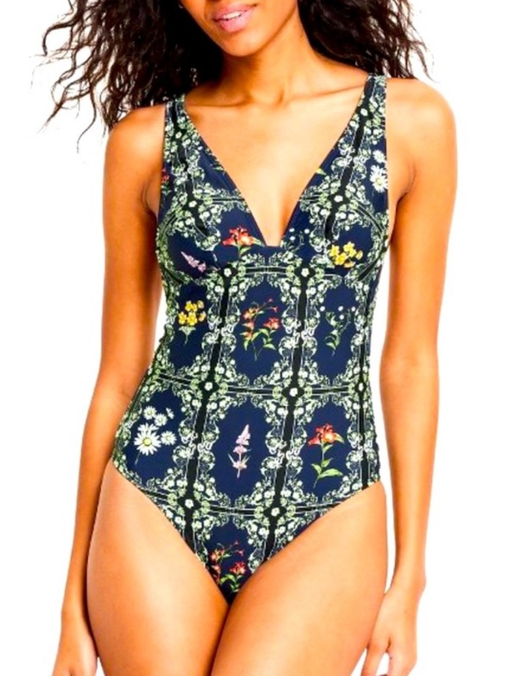 Agua Bendtia Target Blue Floral One Piece Swimsuit Cheeky Tile Print NEW NWT 1X